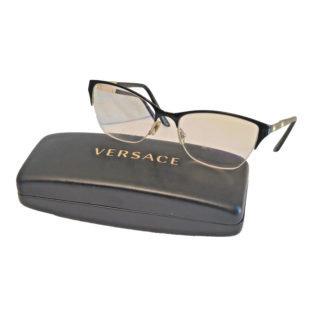 Versace Womens Cat Eye Eyeglasses Black Gold Semi Rimless Luxury Frames w/Case